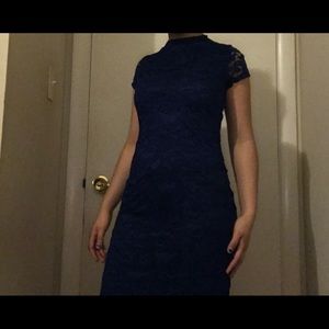 Navy Blue , High Neck Lace Midi Dress